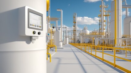 Large cylindrical gas storage tanks with thermal sensors, efficient industrial layout, photorealistic