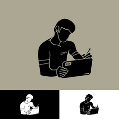 person working with his tab in mosaic silhouette style illustration for icon or logo