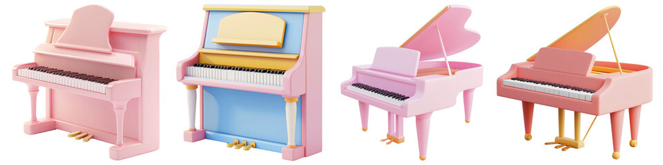 Fototapeta premium Set of Piano 3D cartoon icons png, isolated on transparent background.