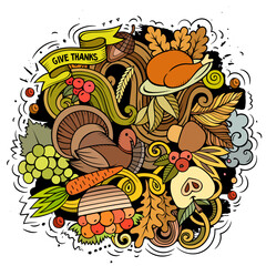Thanksgiving hand drawn cartoon doodles illustration.