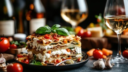A sumptuous lasagna elegantly presented with fresh ingredients, surrounded by wine glasses, garlic, and tomatoes, embodies a refined culinary experience.