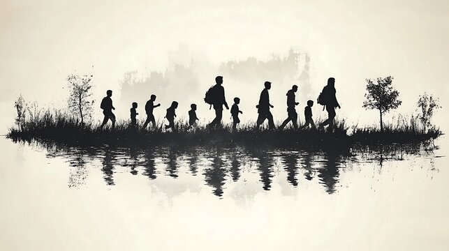 Silhouette of a group of people walking in a line along a path reflected in a lake.