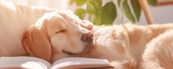 A perfect lazy day spent reading and cuddling with a dog on the couch, creating a comforting and serene vibe.