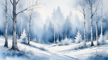 Obraz premium Watercolor composition of a winter forest in light blue and white, with soft snowy trees and a cold, crisp atmosphere