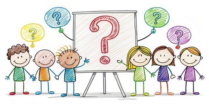 Happy children holding hands and standing around a whiteboard with a question mark on it, symbolizing their curiosity and eagerness to learn.