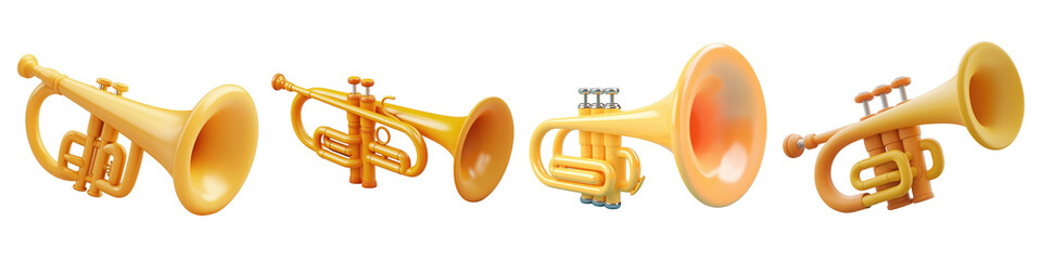 Obraz premium Set of Trumpet 3D cartoon icons png, isolated on transparent background.