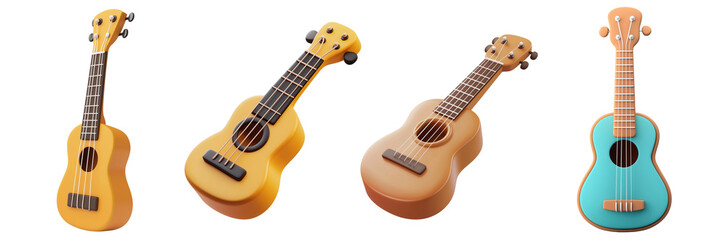 Set of Ukulele 3D cartoon icons png, isolated on transparent background.