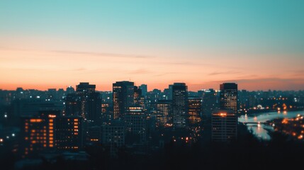 Fototapeta premium Stunning Twilight Cityscape A Captivating View of Urban Skyline Against a Vibrant Sunset Glow