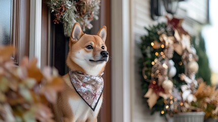 Shiba Inu patiently waiting by a front door with a Christmas wreath