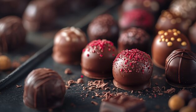 Close-Up Stylish Image Of Assorted Gourmet Chocolates Capturing Depth Of Field In Stunning Detail And Precision. Classic And Elegant.