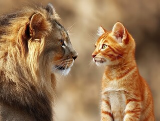 Lion and Kitten Close up Portrait Majestic Animal Friendship