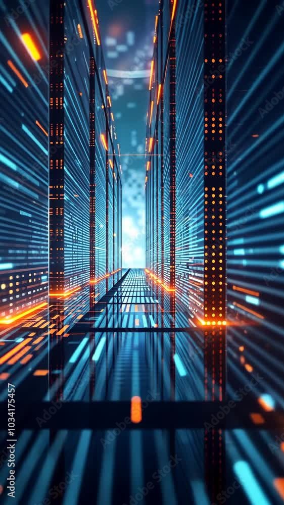 Poster gliding through a high-tech server room filled with data flow