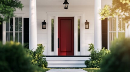 Modern farmhouse entrance featuring a bold red front door, elegant black light fixtures, and a charming covered porch with white pillars, exuding contemporary charm and warmth.