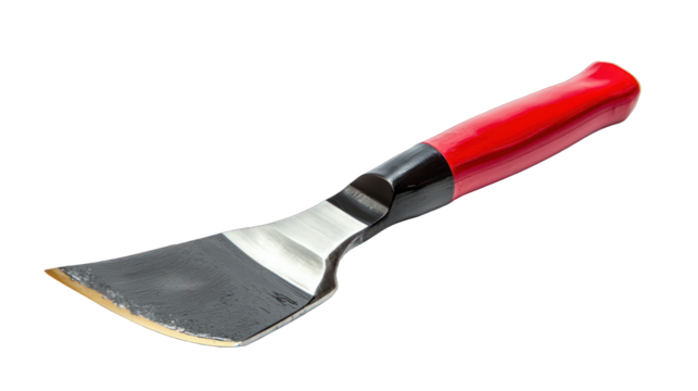 Red and black handled putty knife for precise finishing work, on white.