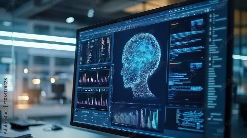 Poster a close-up of a computer monitor displaying a digital representation of a human brain with glowing n