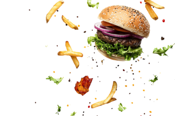 Delicious burger with fresh vegetables and fries, isolated on a white background.