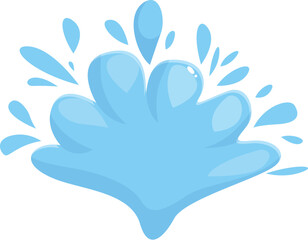 Cartoon blue water splash with drops around, liquid juice splashing making funny shape
