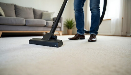 Fototapeta premium Industrial vacuum cleaner used by professional cleaners on office carpet. Expert rug care in an office environment. Concept of commercial cleaning service, expert maintenance, and office sanitation.