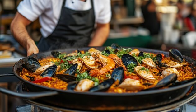 Fototapeta Colorful Paella At Portobello Road Saturday Market: Enjoy Freshly Prepared Seafood And Rice In A Big Pan, Ready To Eat Street Food In London.