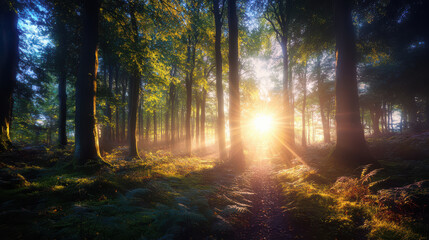 Obraz premium Golden Sunbeams Through Forest Trees