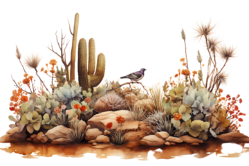 Desert scene with varied cacti and colorful flowers, showcasing the beauty of arid landscapes and wildlife.