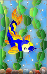 Illustration in stained glass style with bright spotted fish on the background of water, algae and air bubbles