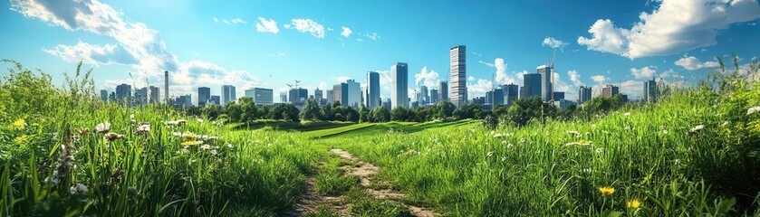 Fototapeta premium Green field with cityscape in the background under blue sky