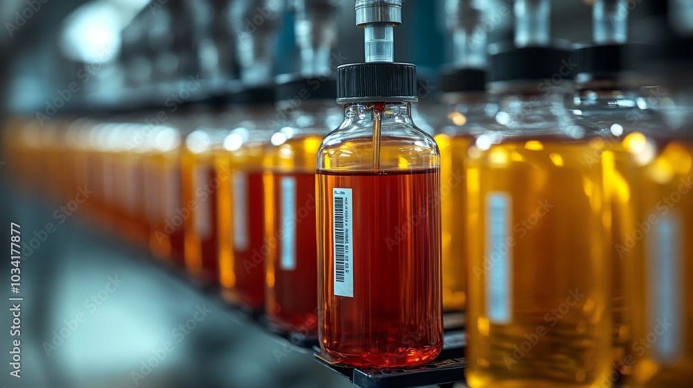 Leinwandbilder A collection of bottles containing vibrant liquids is lined up on a shelf in a laboratory. The warm light enhances the colors of the substances, creating a visually striking display.