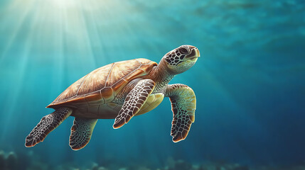 Obraz premium Turtle swimming in clear blue ocean water