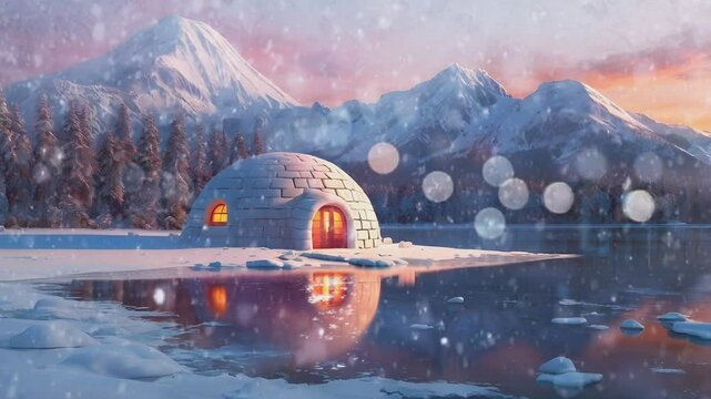 igloo house by the lake with beautiful mountain views in the background during snowfall