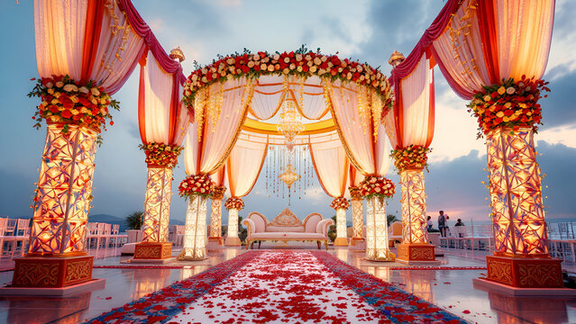 An elaborate wedding ceremony setup with a floral arch, draped fabric, and ornate pillars. A red carpet lined with petals leads to a white couch under the arch.