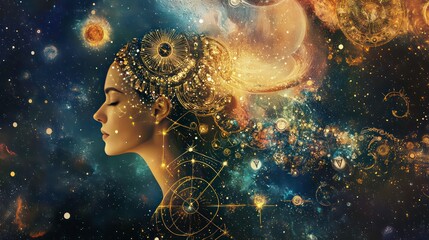A woman's face is surrounded by a swirling nebula, adorned with golden clockwork gears and celestial bodies.