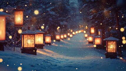 Warm lanterns lighting up a snowy forest pathway, creating a magical and cozy atmosphere.