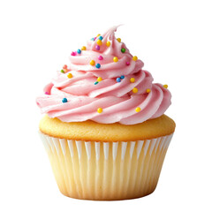 Delightful pink frosted cupcake with colorful sprinkles