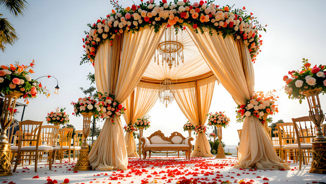 An outdoor wedding ceremony setup with a floral archway, draped fabric, a chandelier, a couch, chairs, and rose petals on the ground.