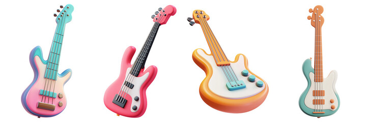 Obraz premium Set of Electric bass 3D cartoon icons png, isolated on transparent background.