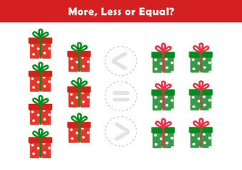 Comparison Worksheet with Cute Christmas Illustration for Kids. Counting Games for Preschoolers. More or Less Worksheet for Kindergarten. Christmas activity sheet.