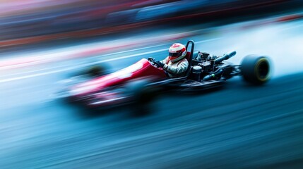 Go-Kart Racer in Action, a dynamic scene showcasing a go-kart driver speeding around the track, helmet on, embodying thrill and competitive spirit in a vibrant racing environment