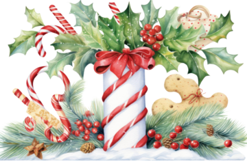 Festive arrangement with candy canes, holly, and gingerbread for holiday cheer.