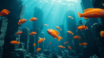 Underwater scene with vibrant orange fish