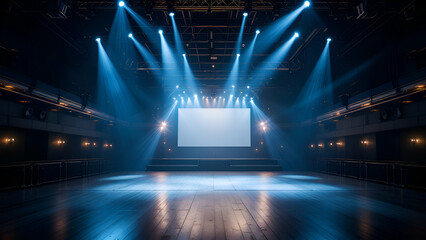 A wide shot of an empty stage with a large blank white screen and multiple spotlights shining down on the stage floor. The room is dark with the only light coming from the spotlights.