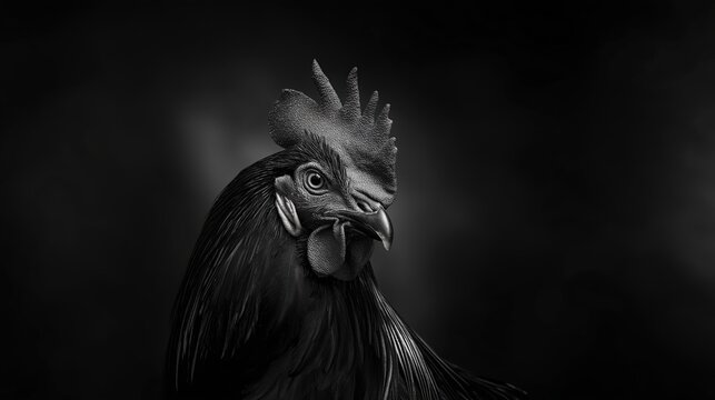 Black-and-white photo of an angry rooster isolated on a dark background