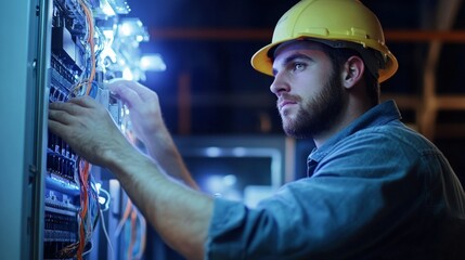 Electrician Performing Precise Wiring Inside Open Electrical Panel, showcasing skillful attention to detail and safety in electrical work, emphasizing professionalism and expertise.