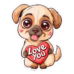 Naklejka premium Cute Cartoon Pug Holding Heart with 