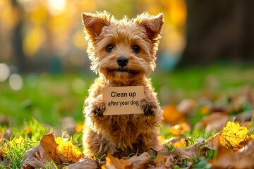 a red dog in an autumn park, in his paws a note Clean up after your dog