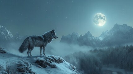 A lone wolf stands on a snowy cliff under a full moon, overlooking misty mountains. The scene captures the serene wilderness and mystery of nature.