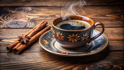 Aromatic Steaming Coffee in a Rustic Cup Adorned with Floral Patterns, Resting on a Saucer with Cinnamon Sticks and Star Anise on a Weathered Wooden Table