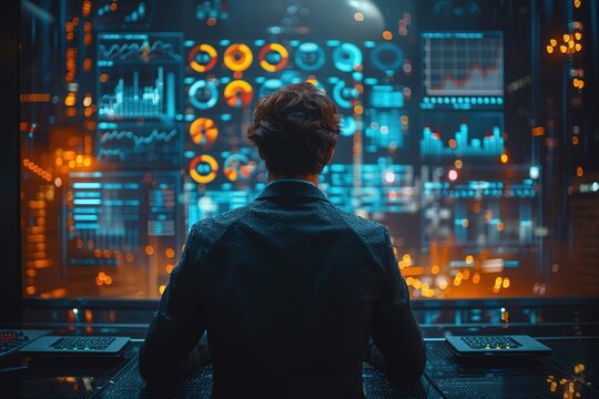 A businessman analyzing a digital dashboard in a high-tech office, space for text