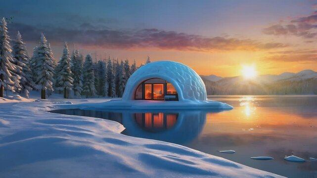 igloo house on the lake shore with sunset view in winter