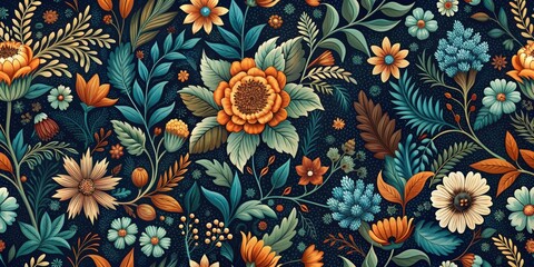 Dark vintage floral pattern with intricate blue, orange, green leaves and flowers on a dark background , Vintage, floral